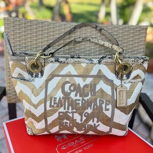 Coach Zebra Print Raffia Straw Tote Shoulder Bag Gold Ivory Limited Edition.